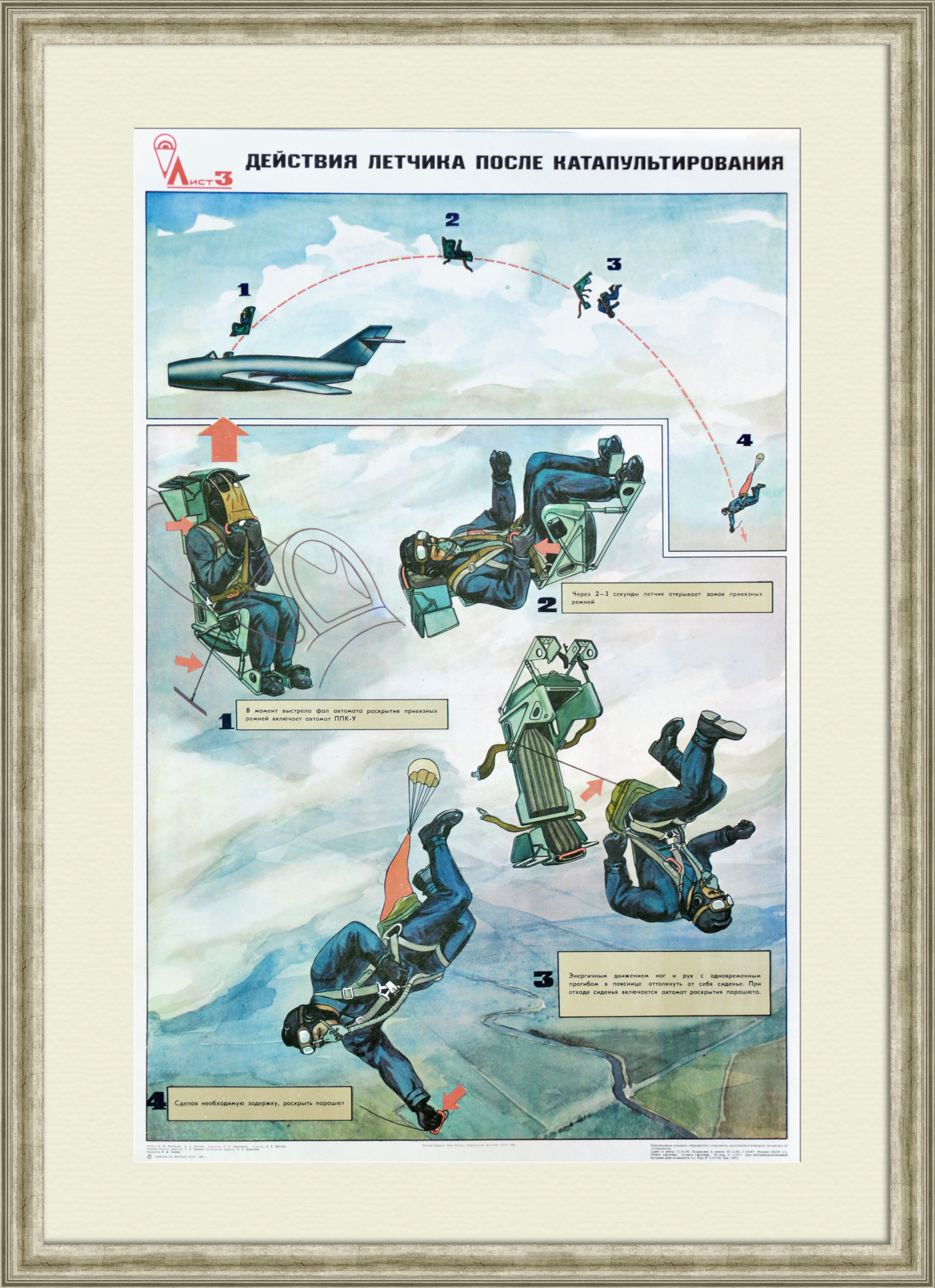 ДОСААФ и авиация, техника безопасности при катапультировании. Советский плакат ДОСААФ и авиация, техника безопасности при катапультировании. Советский плакат